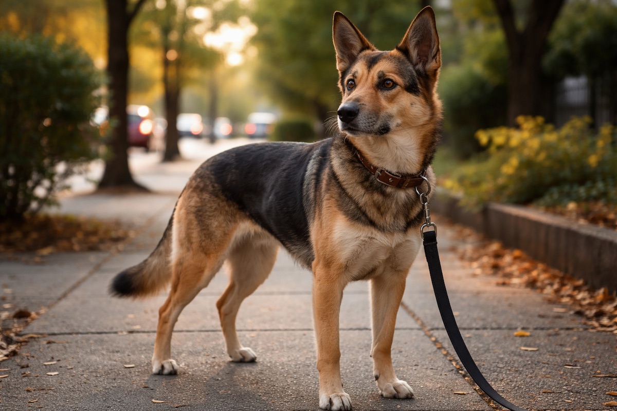 Собака насторожено стоїть на вулиці під час прогулянки та озирається навколо