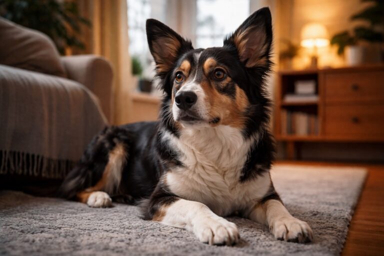 Собака напружено лежить вдома та уважно прислухається до звуків навколо