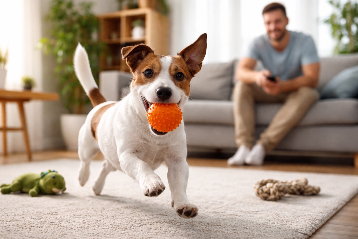 Активна собака бігає по кімнаті та намагається привернути увагу власника вдома