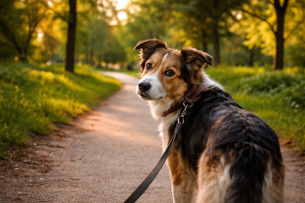 Собака на прогулянці озирається назад і уважно спостерігає за оточенням у знайомому місці