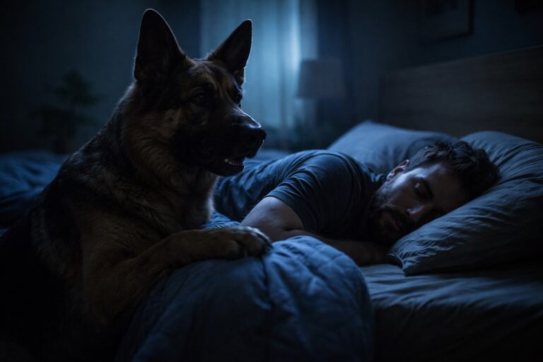 Собака вночі стоїть біля ліжка та намагається розбудити власника у темній кімнаті