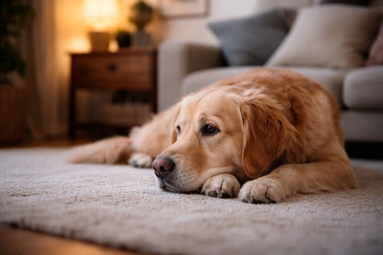 Собака лежить осторонь і виглядає тихою та задумливою у домашній обстановці