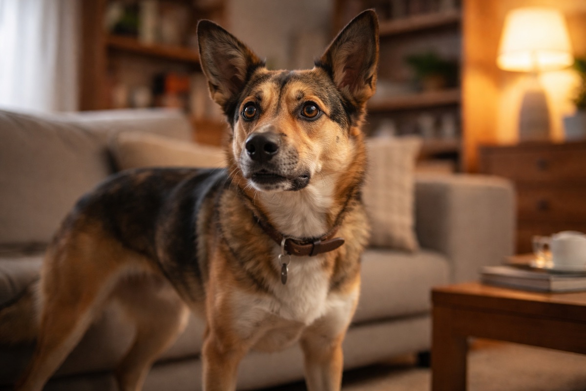 Собака здригається та насторожено реагує на звуки у домашній обстановці