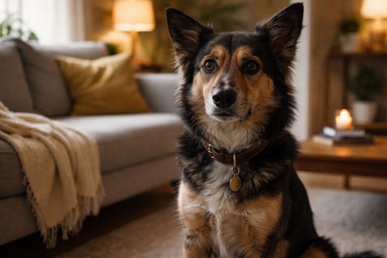 Собака виглядає напруженою та настороженою у домашній обстановці