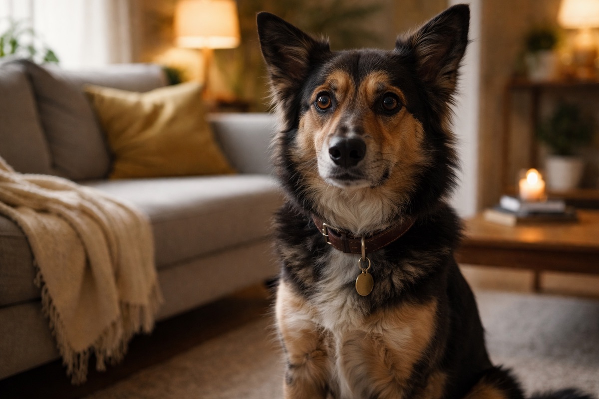 Собака виглядає напруженою та настороженою у домашній обстановці