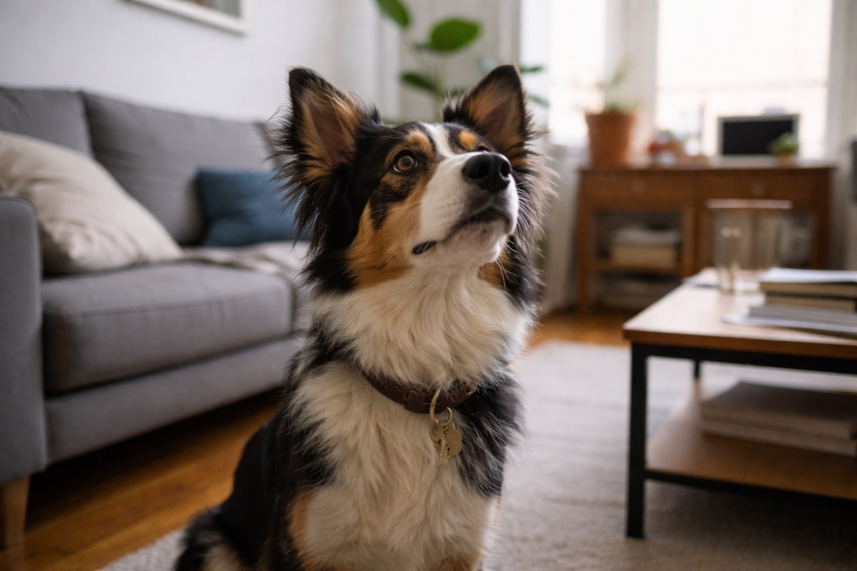 Собака насторожено прислухається до звуків у квартирі та піднімає голову