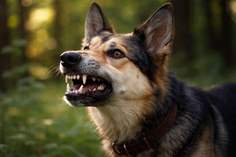 Собака з напруженою мордою та злегка відкритою пащею клацає зубами, уважно прислухаючись до навколишнього простору