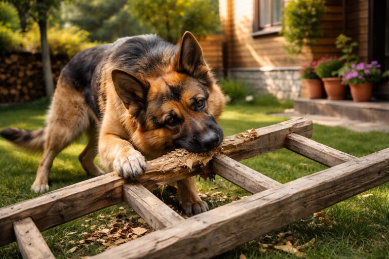 Собака гризе деревʼяну драбину у дворі приватного будинку