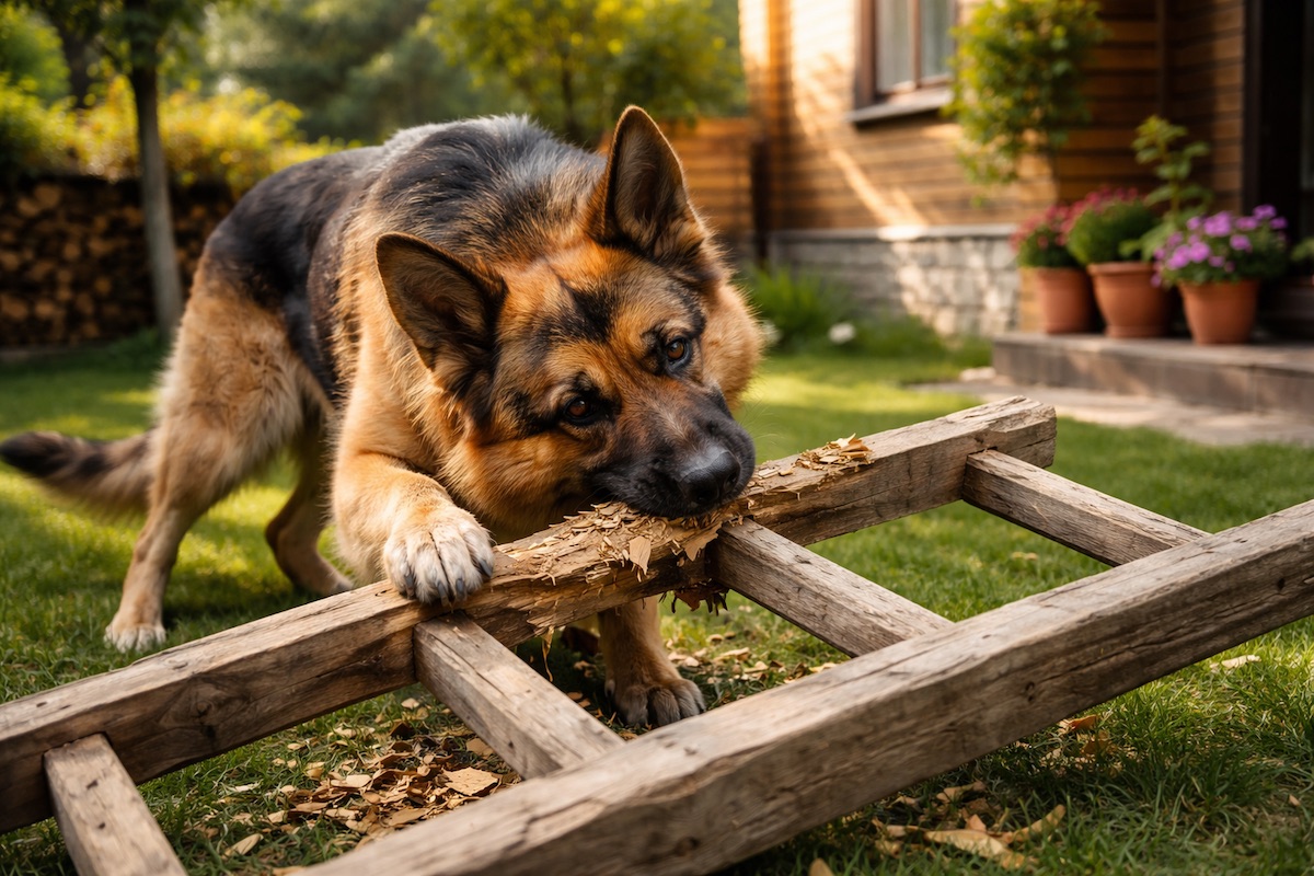 Собака гризе деревʼяну драбину у дворі приватного будинку