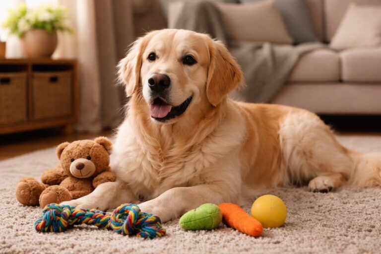 Собака лежить поруч з іграшками та виглядає спокійною у домашній обстановці