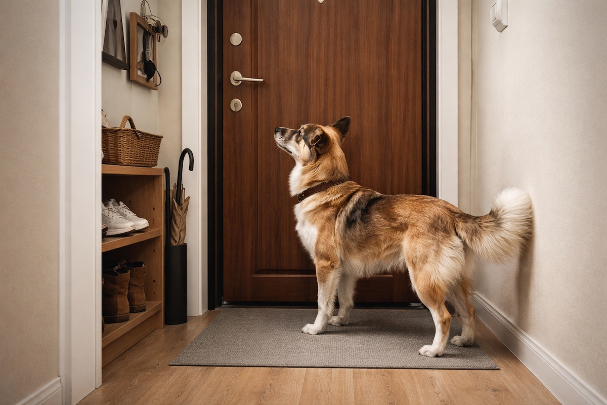 Собака стоїть біля вхідних дверей у квартирі та уважно прислухається до звуків у під’їзді