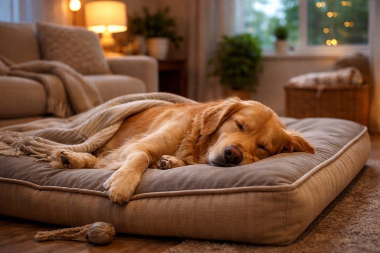 Лабрадор спокійно спить на лежаку вдома у тихій атмосфері після активного дня