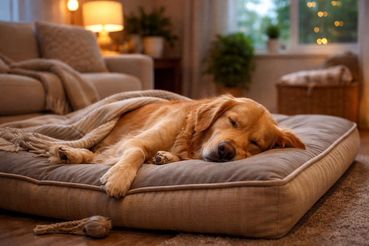 Лабрадор спокійно спить на лежаку вдома у тихій атмосфері після активного дня
