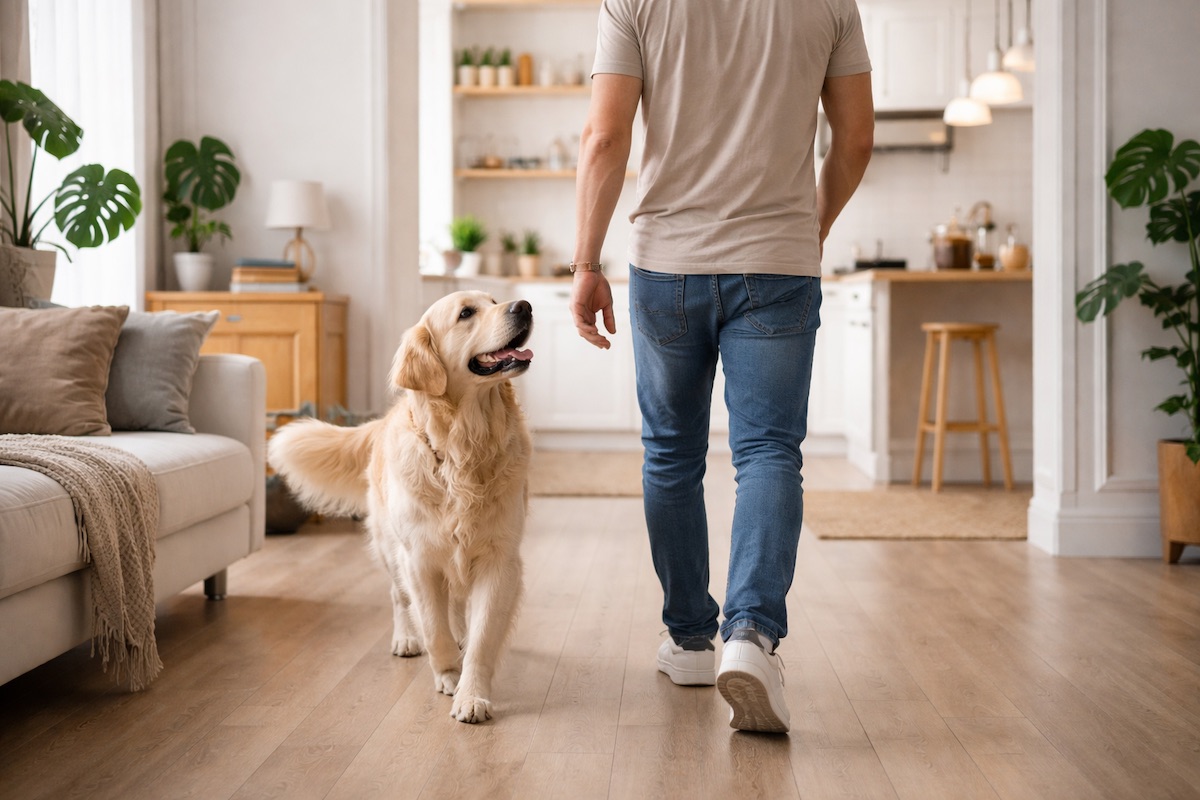 Собака слідує за власником по квартирі та уважно спостерігає за ним