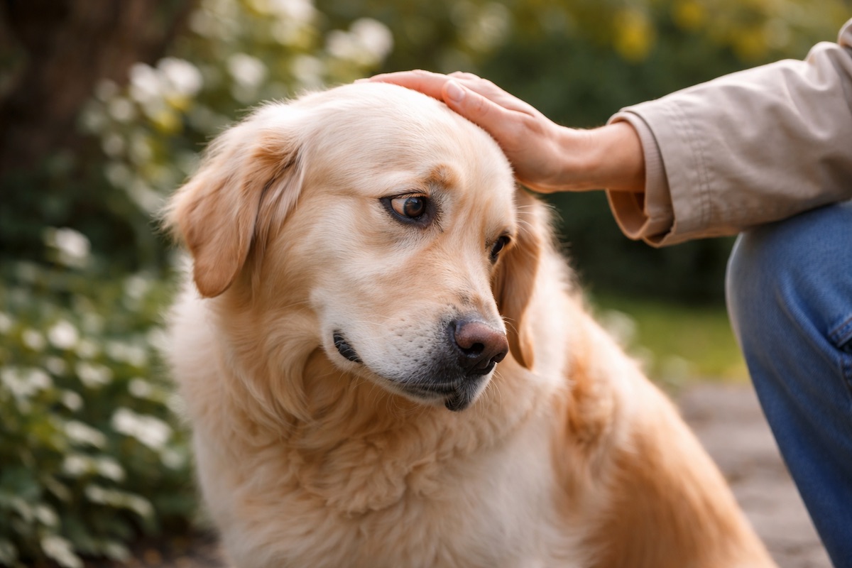 Собака відвертає голову під час спілкування з власником
