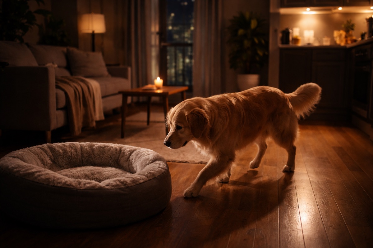 собака переходить спати з лежака на інше місце вночі у квартирі