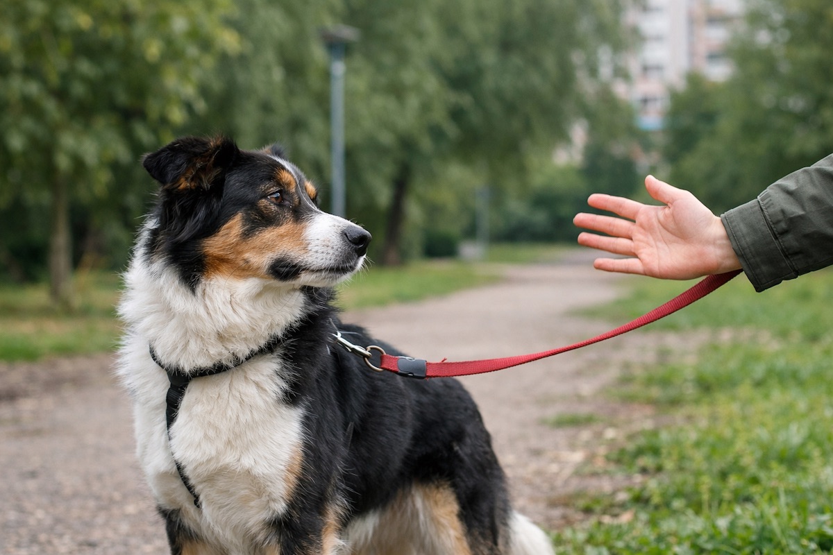 Собака дивиться вбік і не реагує на поклик власника під час прогулянки