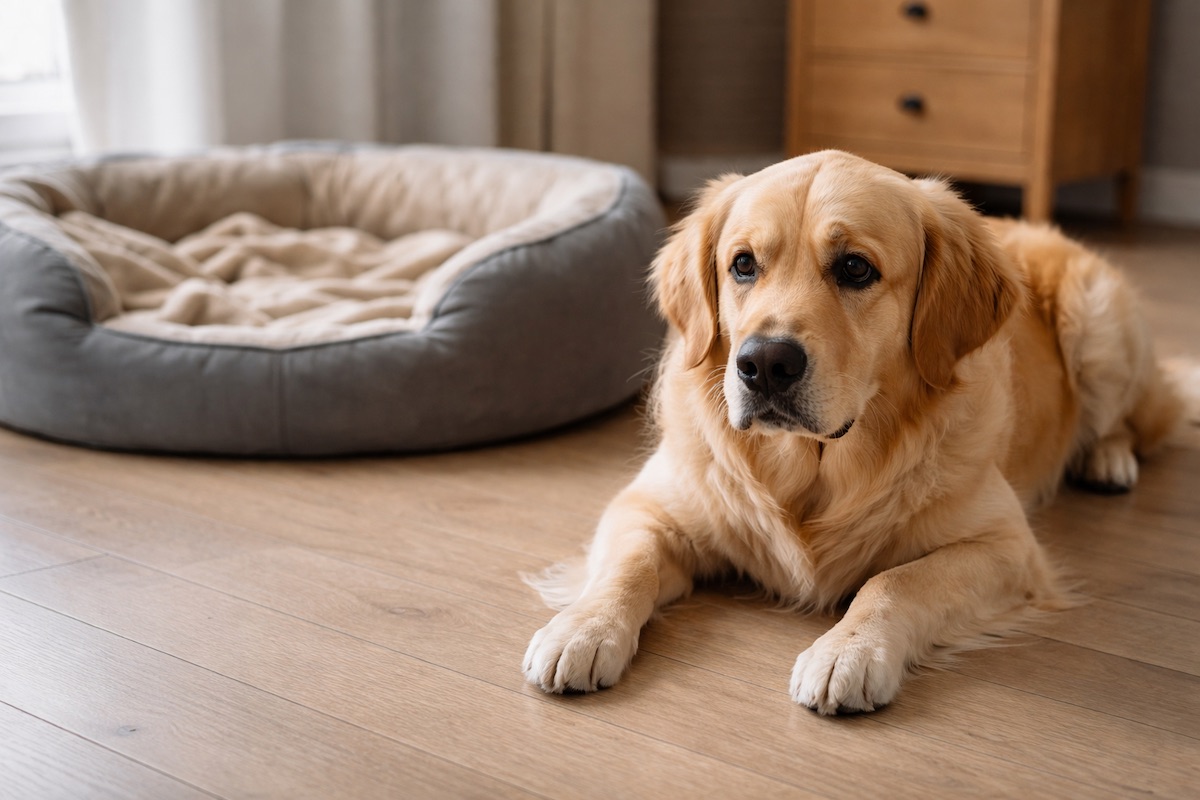 Лабрадо ретрівер лежить поруч із лежаком і виглядає настороженою