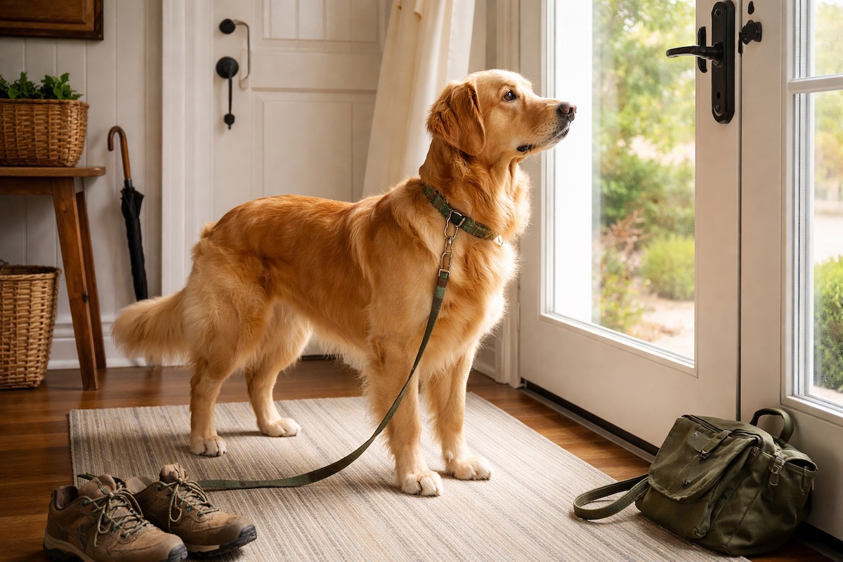 Собака нерухомо стоїть біля дверей перед виходом на прогулянку