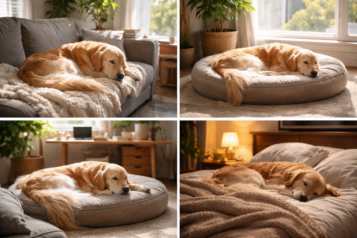 Собака переходить з одного місця відпочинку в інше протягом дня