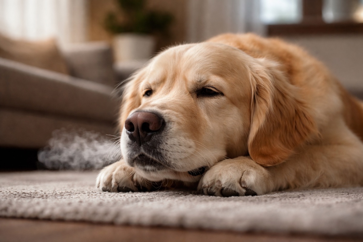 Собака лежить вдома і глибоко зітхає під час відпочинку