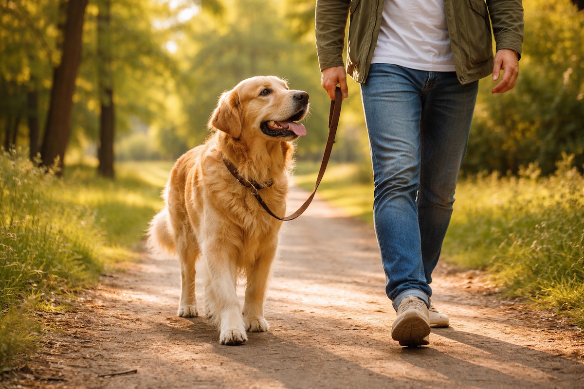 Лабрадор повільно йде поруч із власником під час прогулянки