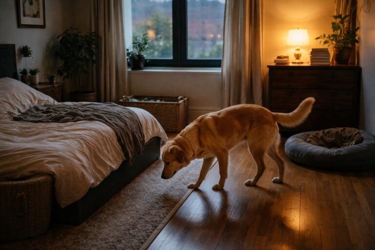 Собака ходить по кімнаті та шукає місце для сну перед нічним відпочинком