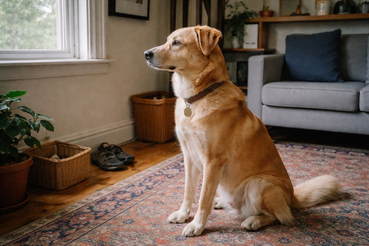 Собака спокійно сидить у кімнаті та довго дивиться в одну точку