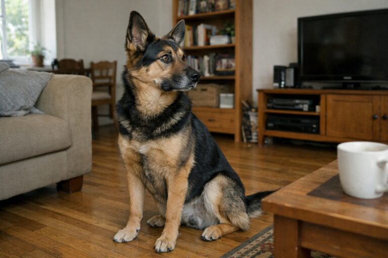 Собака насторожено сидить у кімнаті знайомого дому та уважно спостерігає за простором