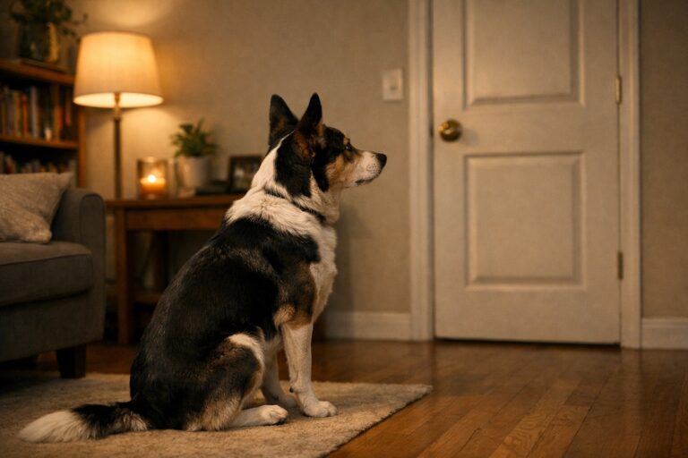 Собака насторожено піднімає голову і прислухається до звуку в кімнаті