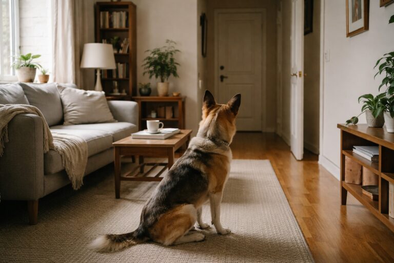 Собака насторожено сидить біля дверей і дивиться вперед