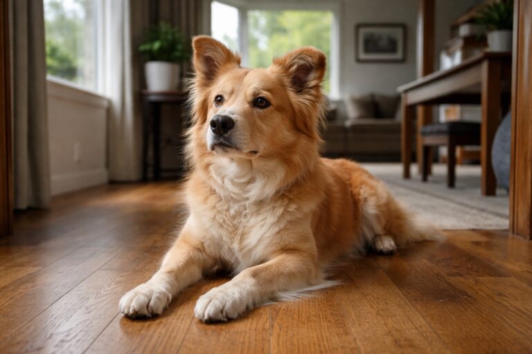 Собака насторожено лежить вдома і уважно прислухається до звуків