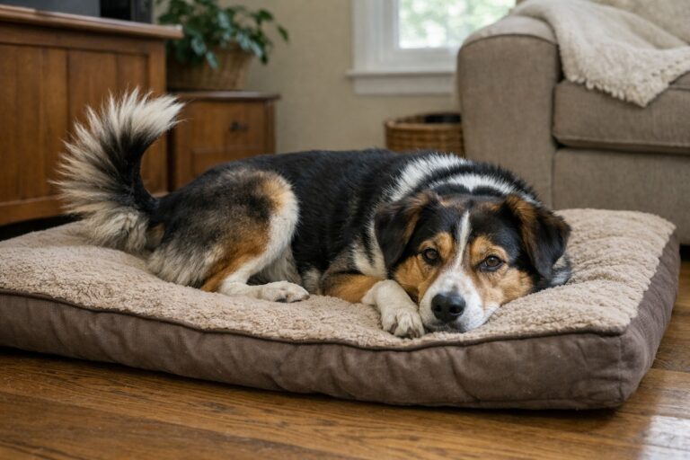 Собака лежить і тримає хвіст трохи напруженим під час відпочинку вдома