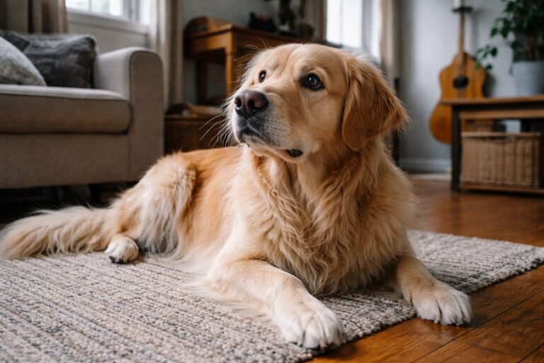 Собака лежить на підлозі вдома і насторожено піднімає голову, реагуючи на тихий звук у кімнаті