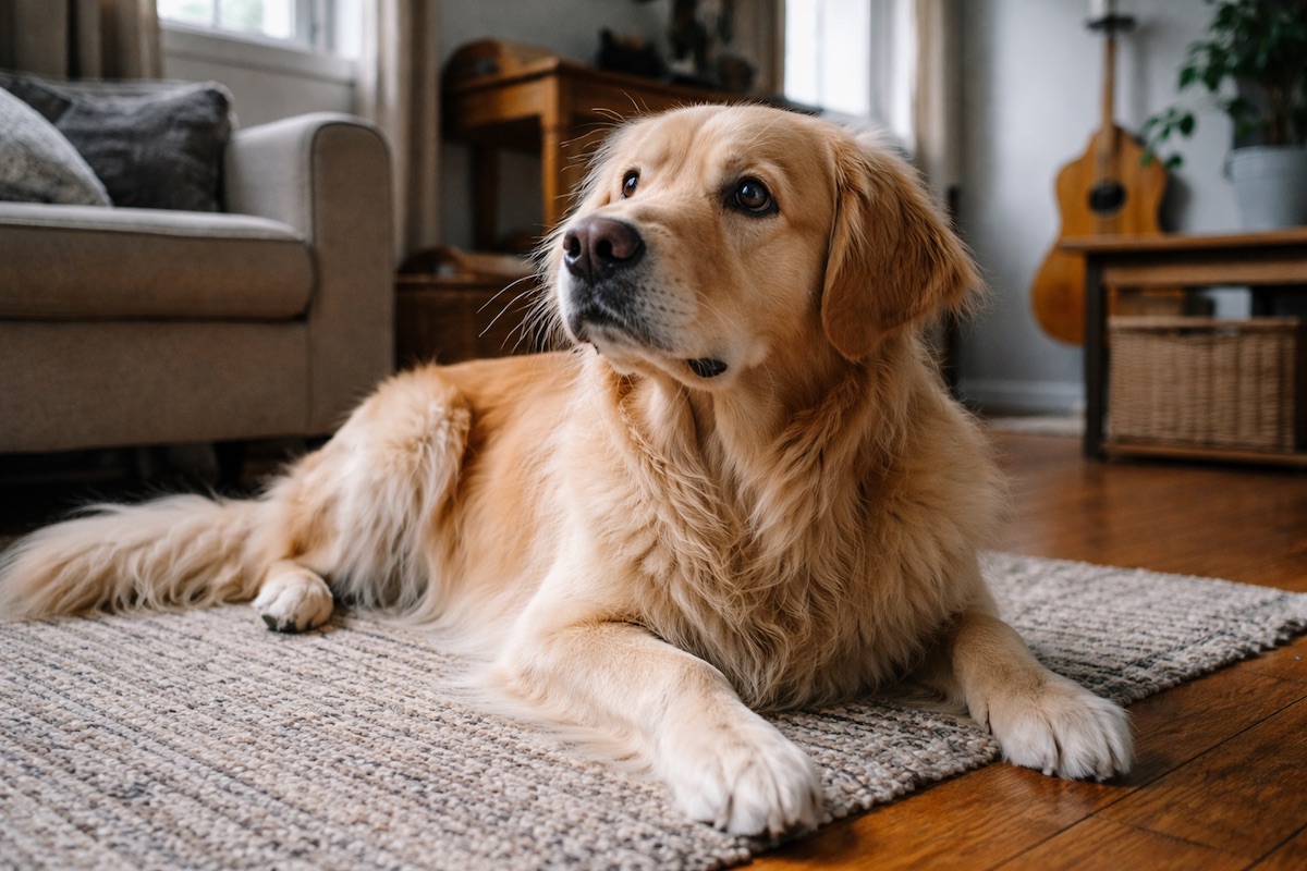 Собака лежить на підлозі вдома і насторожено піднімає голову, реагуючи на тихий звук у кімнаті