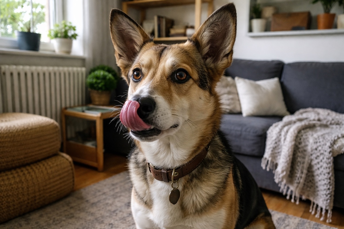 Собака сидить у кімнаті та облизує ніс, уважно спостерігаючи за простором