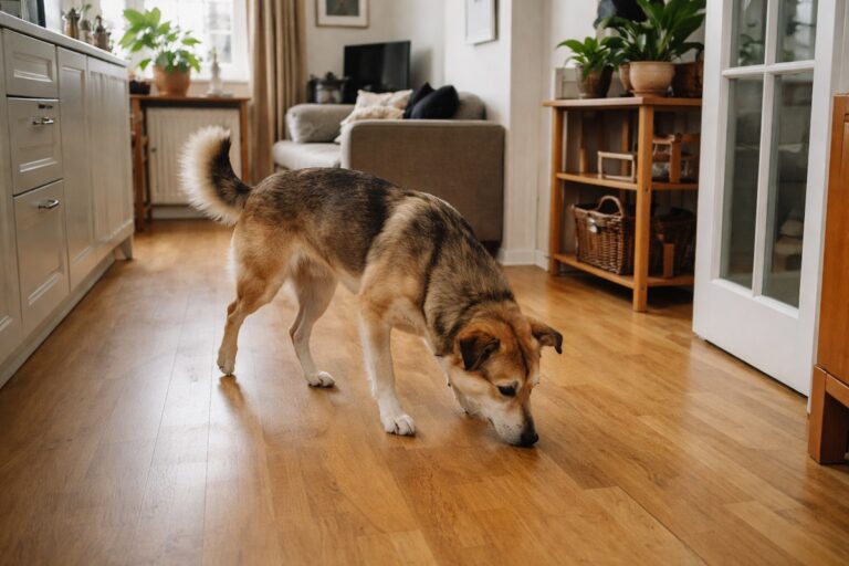 Собака повільно ходить по кімнаті після прогулянки, виглядаючи уважною та зосередженою
