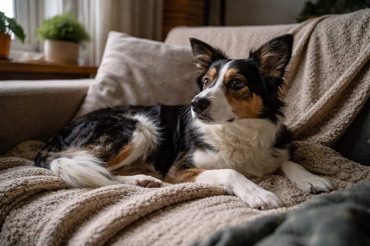 Собака лежить на лежаку та піднімає голову під час сну, уважно прислухаючись