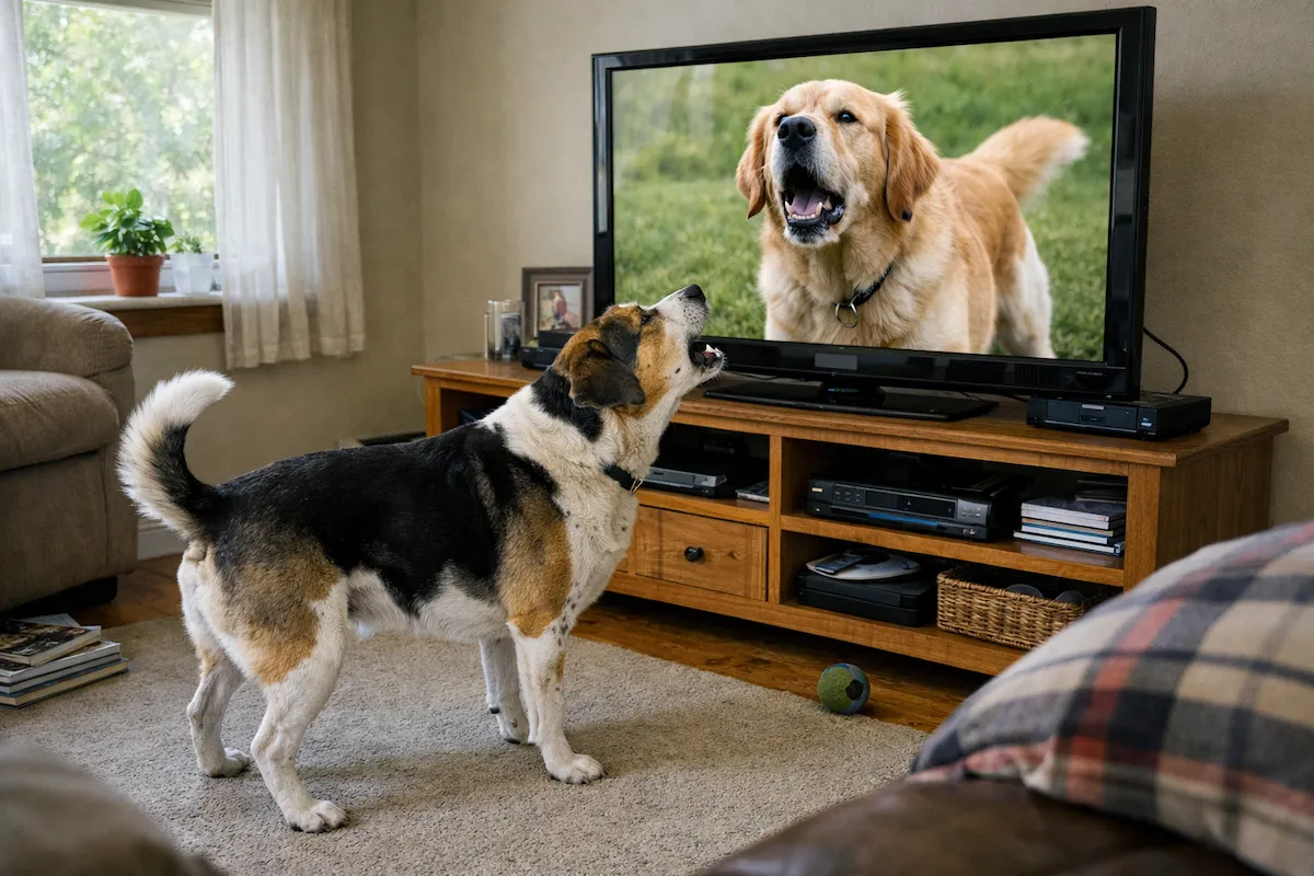 собака стоїть перед телевізором і уважно дивиться на екран