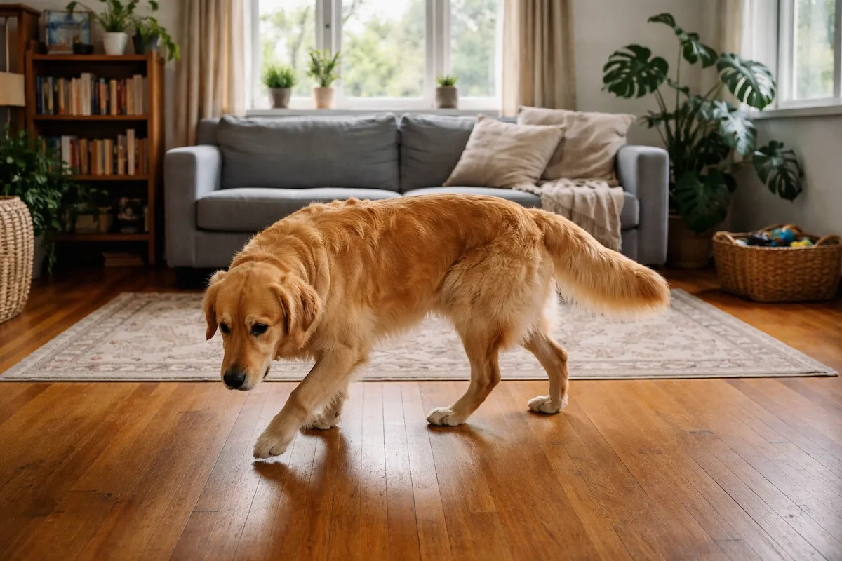 собака повільно ходить по кімнаті невеликими колами