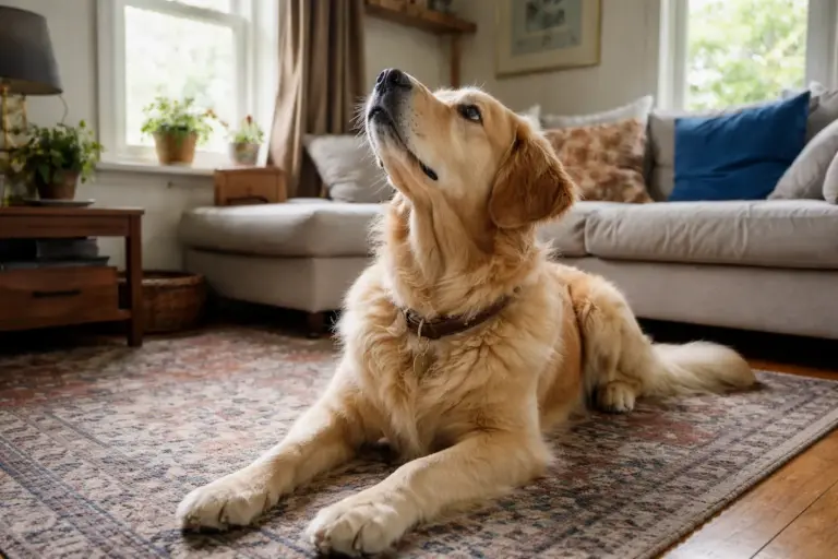 собака лежить і уважно дивиться у стелю