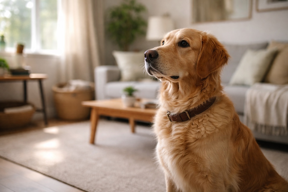 Собака уважно дивиться в одну точку у кімнаті