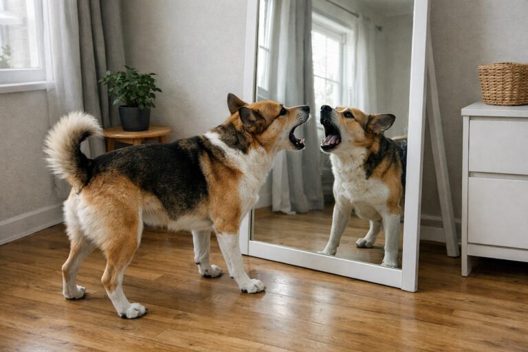 Собака насторожено гавкає на своє відображення у великому дзеркалі вдома