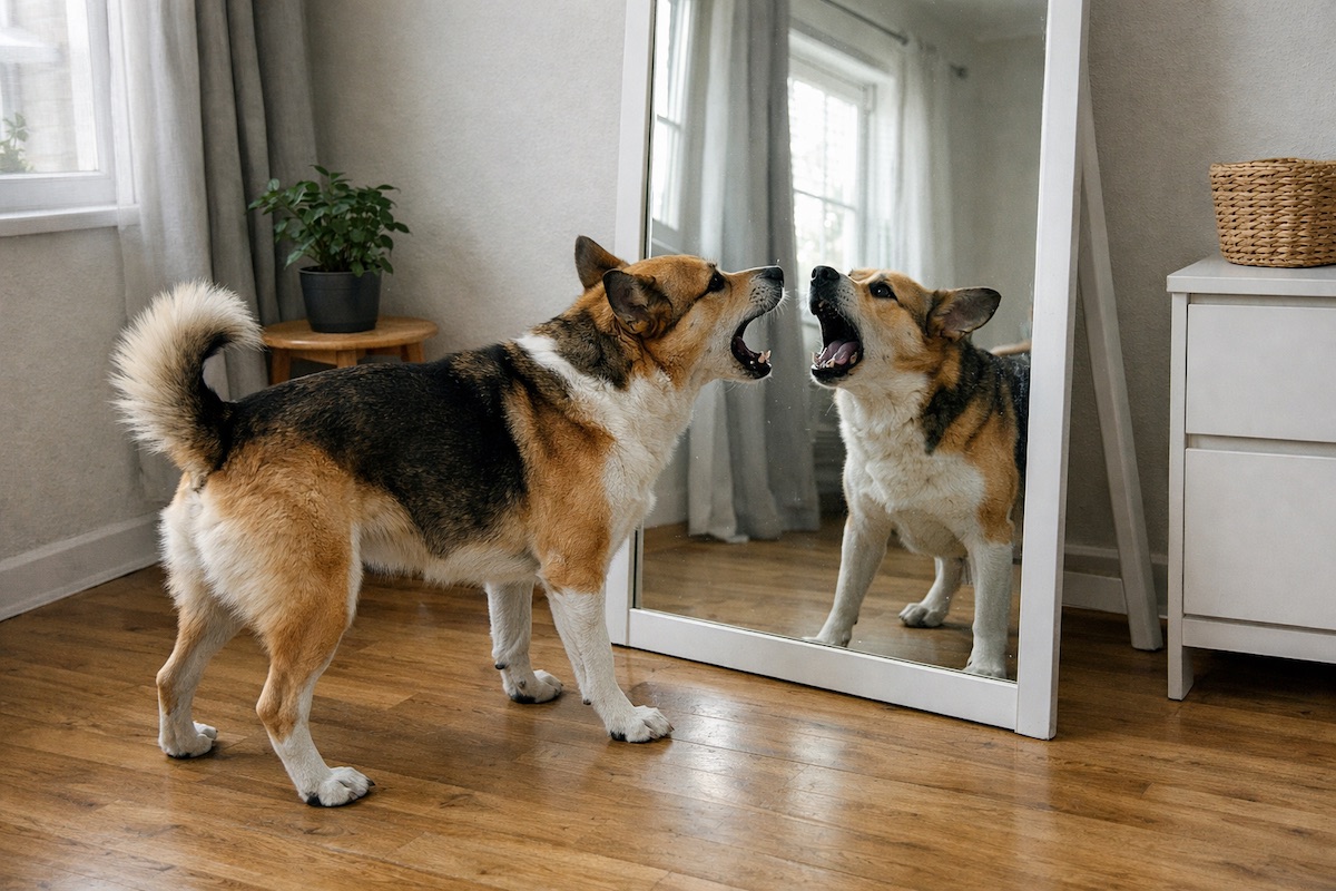 Собака насторожено гавкає на своє відображення у великому дзеркалі вдома