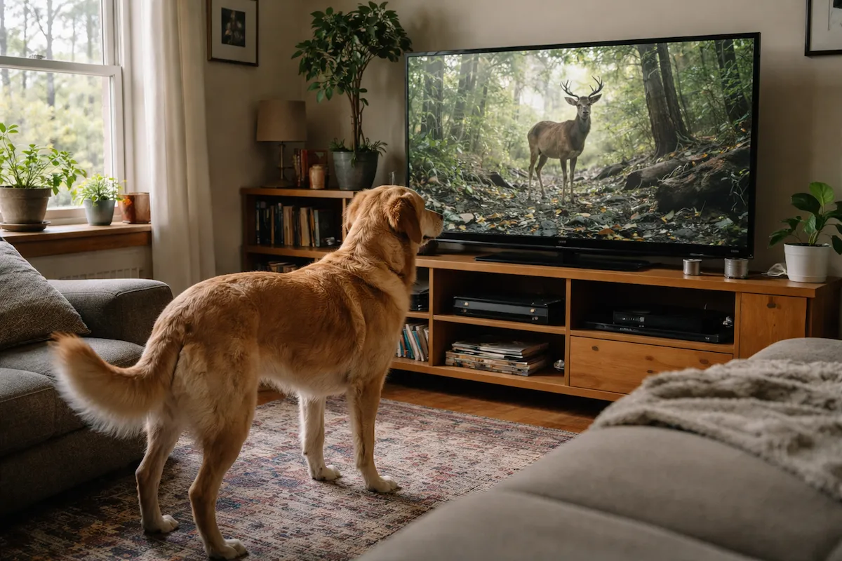 собака гавкає на іншу собаку на екрані телевізора