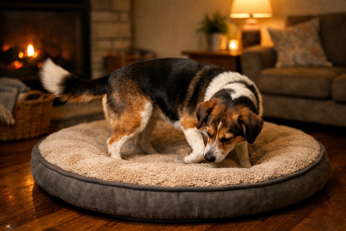 Собака кружляє на лежаку перед тим як лягти спати