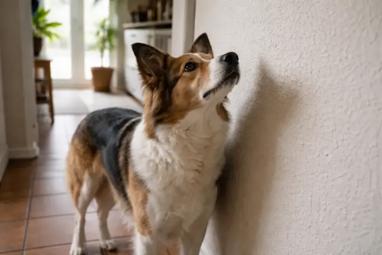 собака стоїть біля стіни і уважно прислухається