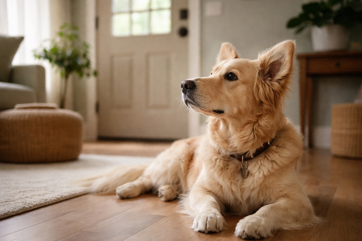 Собака підняла голову і насторожено слухає звуки у квартирі