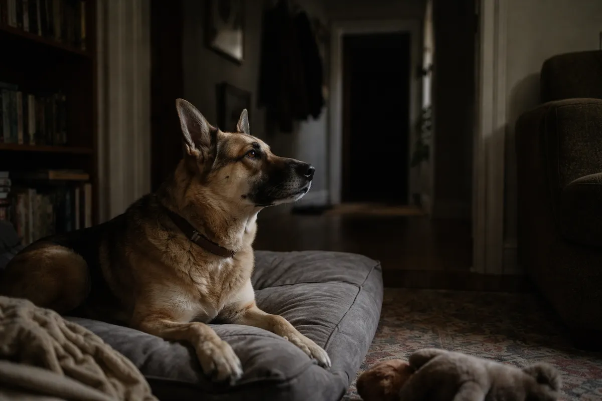 собака під час сну піднімає голову і насторожено дивиться у темний коридор