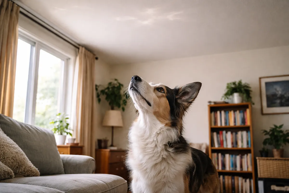 собака дивиться на світловий відблиск на стелі